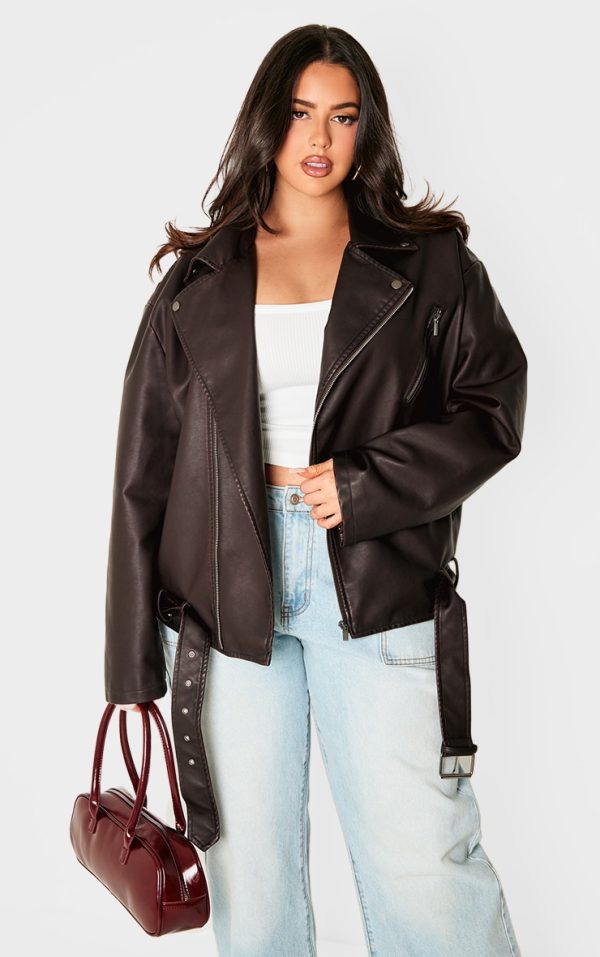 Plus Chocolate Distressed Look Faux Leather Longline Biker Jacket