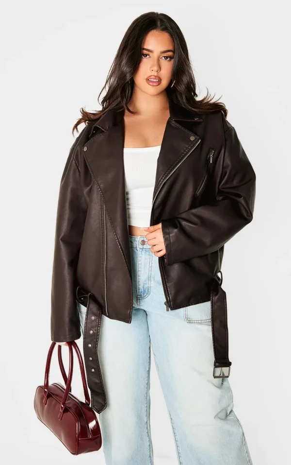 Plus Chocolate Distressed Look Faux Leather Longline Biker Jacket