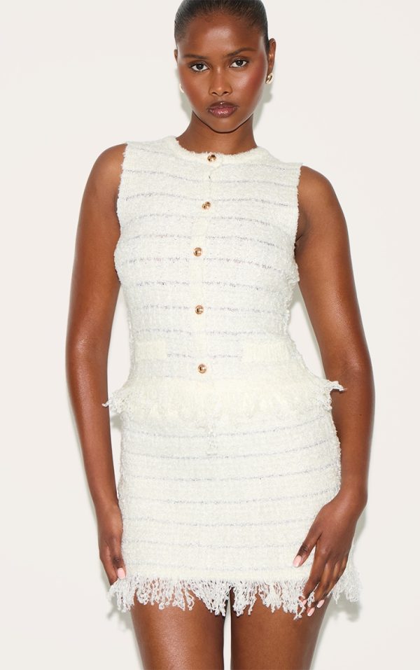 Cream Boucle Knit Tassel Hem Mini Skirt