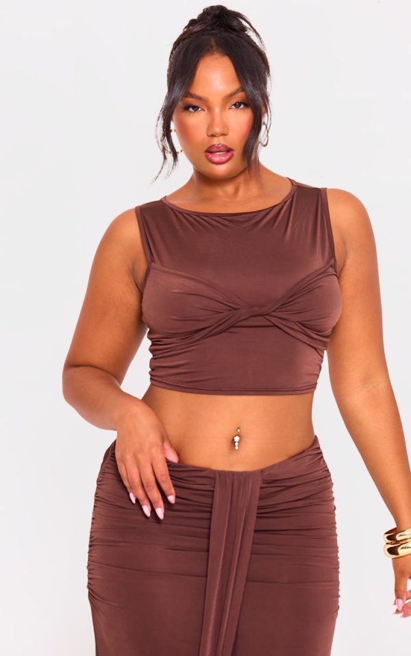 Plus Brown Slinky Sleeveless Crop Top