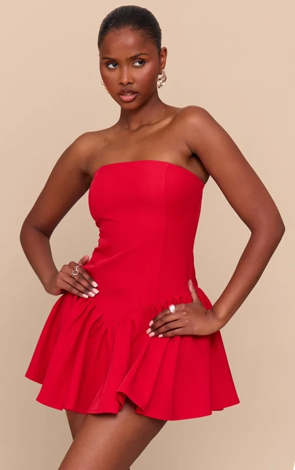 Tomato Red Woven Bandeau Dropped Waist Romper