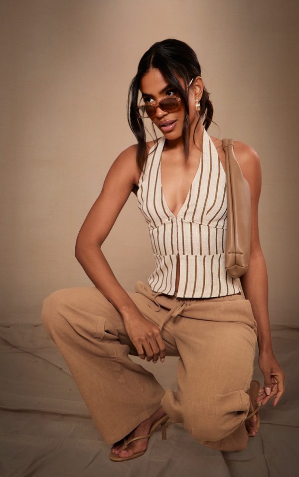 Beige Stripe Structured  Halter Top