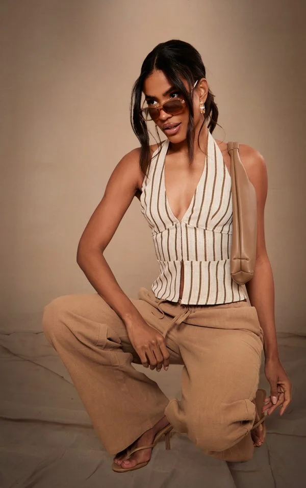 Beige Stripe Structured  Halter Top