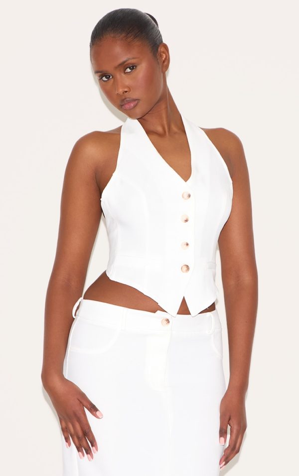 White Tailored Woven Backless Halterneck Vest