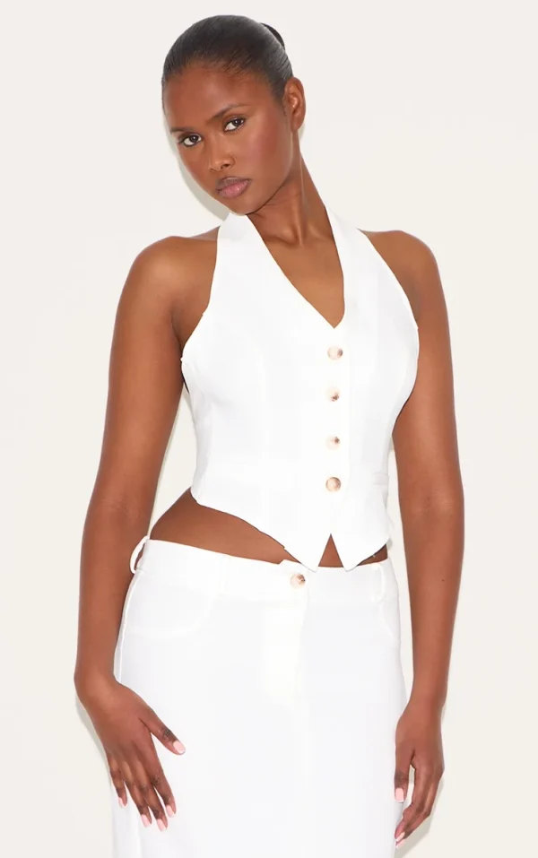White Tailored Woven Backless Halterneck Vest
