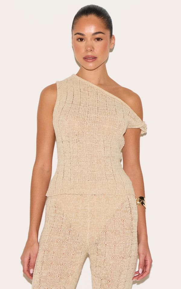 Oatmeal Textured Filigree Knit Twist Neck Vest Top