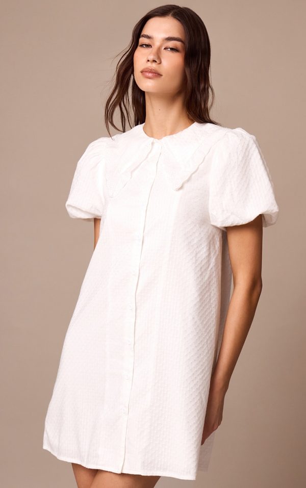 White Embroidered Cotton Lace Trim Puff Sleeve Shirt Dress