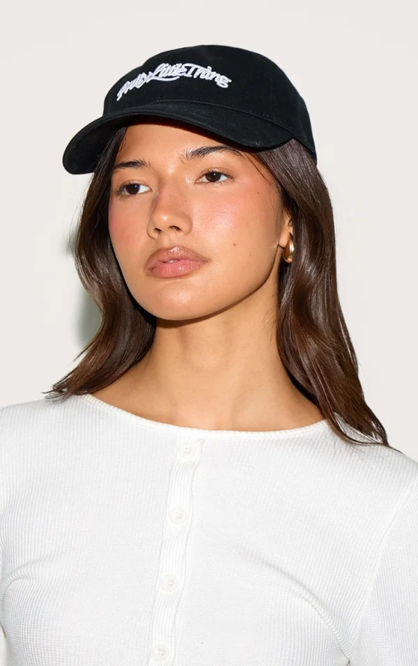 Pretty Little Thing White Embroidered Black Cap