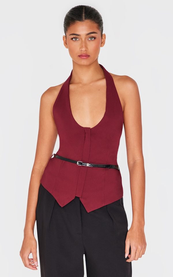 Burgundy Bengaline Belted Halterneck Long Top