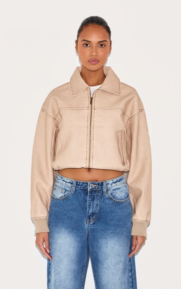 Cream Bleach Detail Faux Leather Cropped Bomber