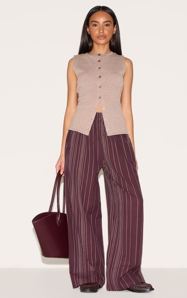 Petite Chocolate Stripe Linen Look Elasticated Waist Pants