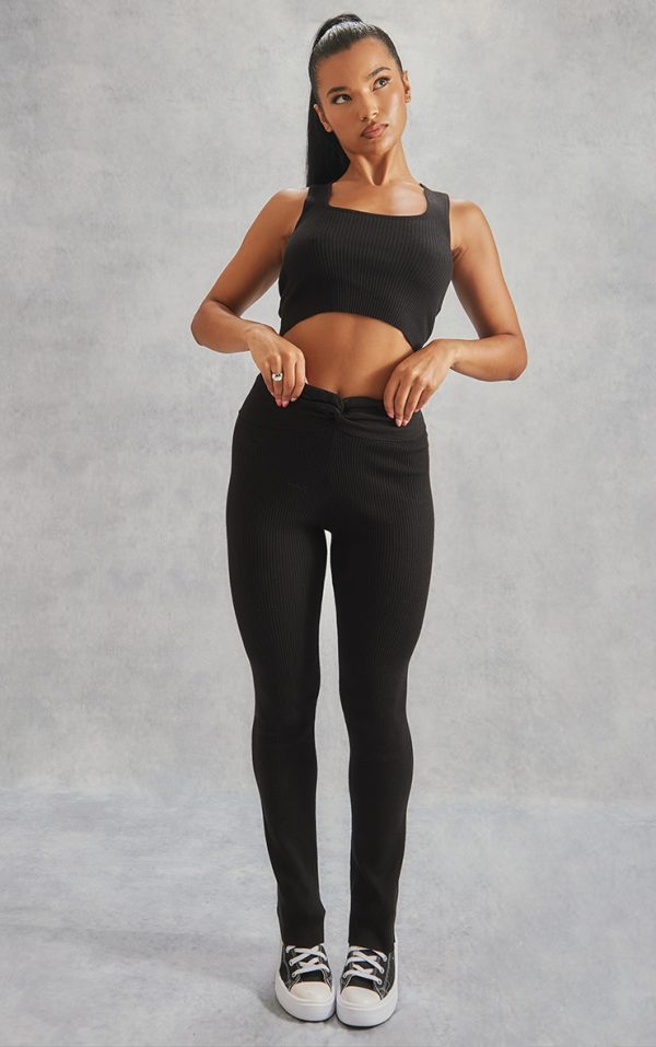 Black Rib Knit Dipped Waist Pants