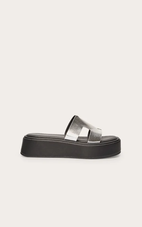 Silver Pu Strap Round Toe Flatform Sandals