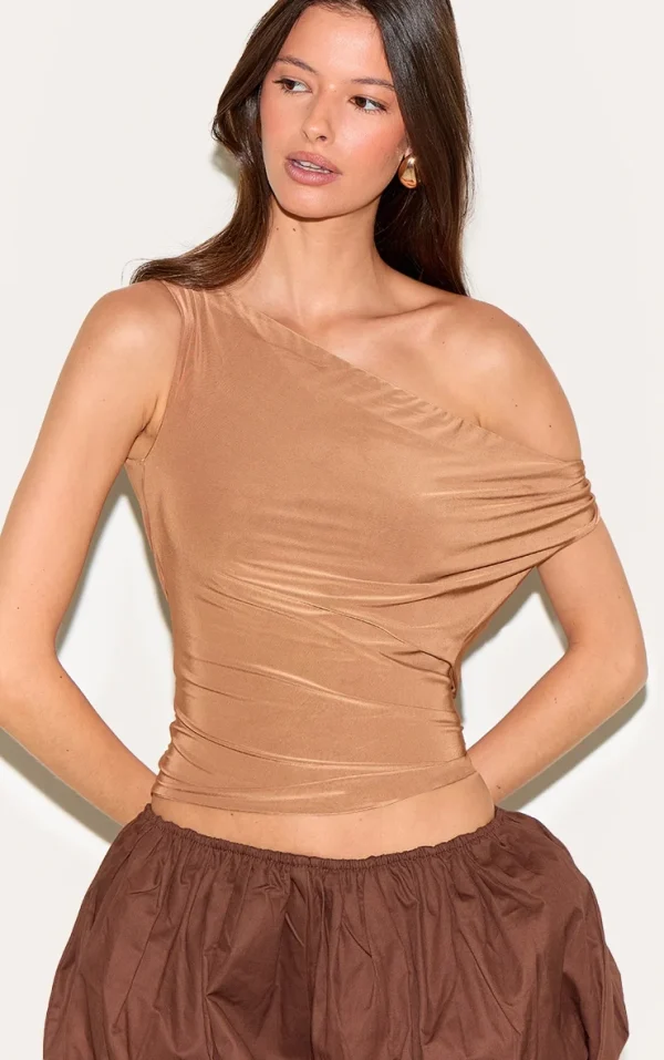 Tan Double Layer Slinky Twist Arm Cowl Long Top