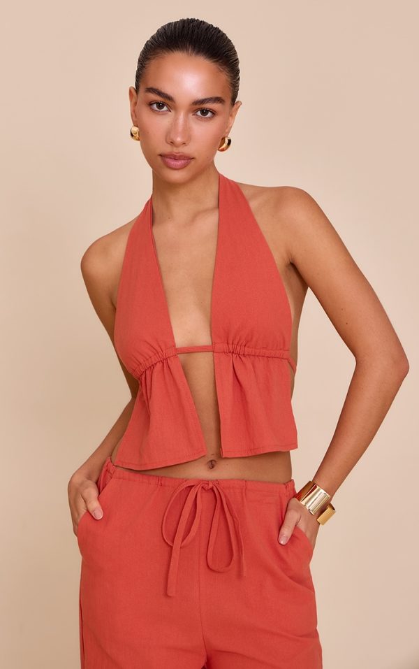 Rust Cotton Halterneck Backless Plunge Top