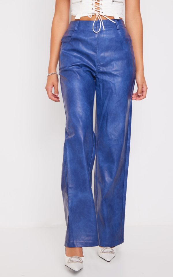 Premium Blue Washed Faux Leather Straight Leg Pants