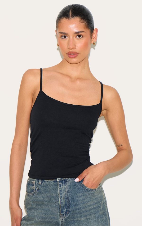 Tall Black Soft Cotton Strappy Vest Top