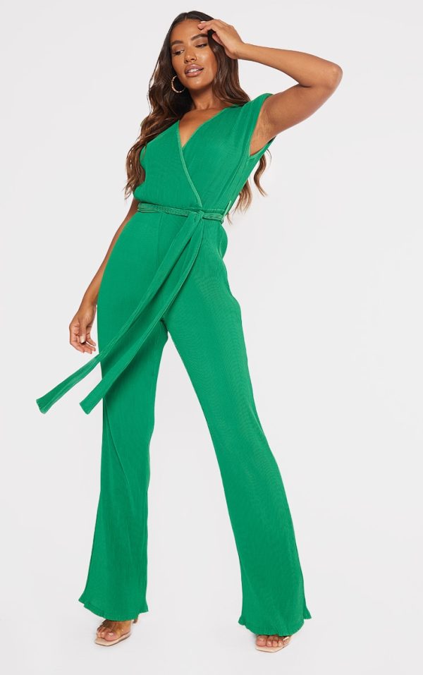 Bright Green  Pleated Shoulder Pad Flared Leg Jumpsuit