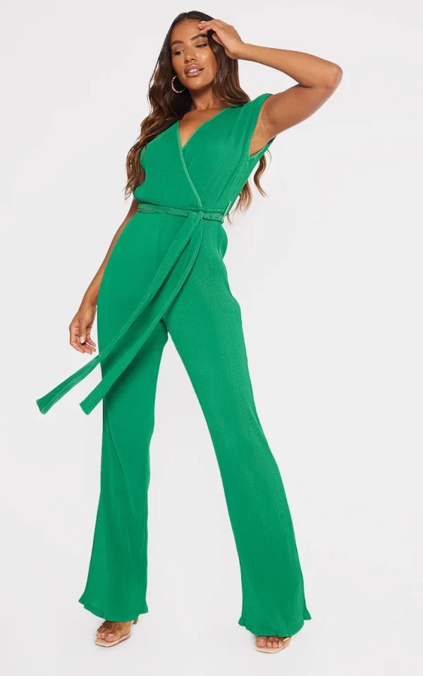 Bright Green  Pleated Shoulder Pad Flared Leg Jumpsuit