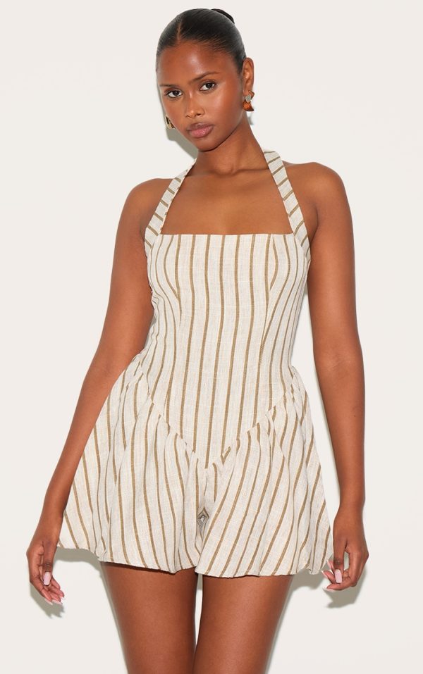 Stone Pinstripe Linen Halter Neck Floaty Romper