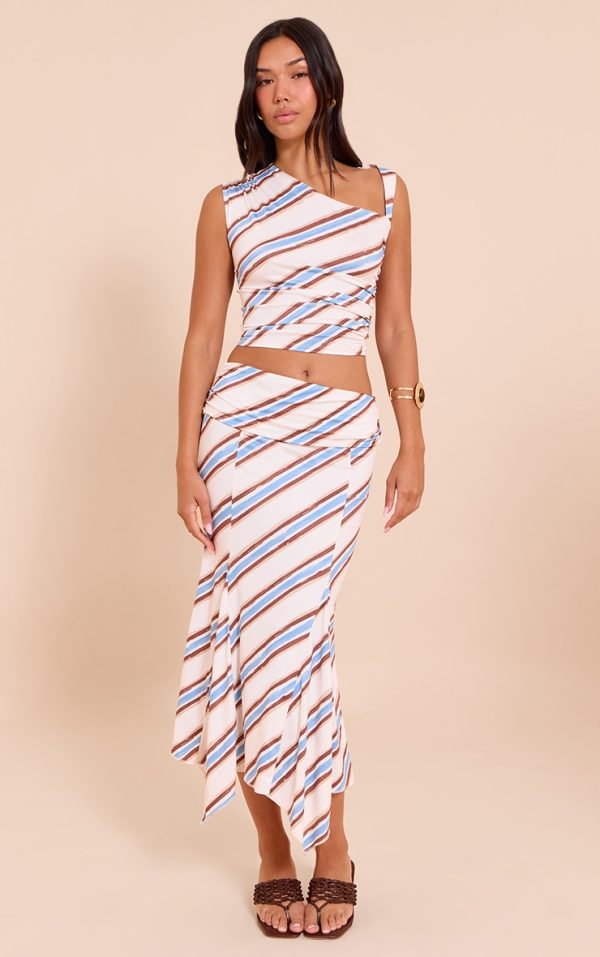 Cream Stripe Foldover Ruched Detail Midi Skirt