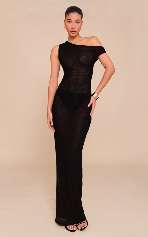 Black Double Layer Mesh Asymmetric Neck Maxi Dress