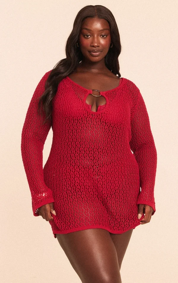 Plus Burgundy Crochet O Ring Mini Beach Dress