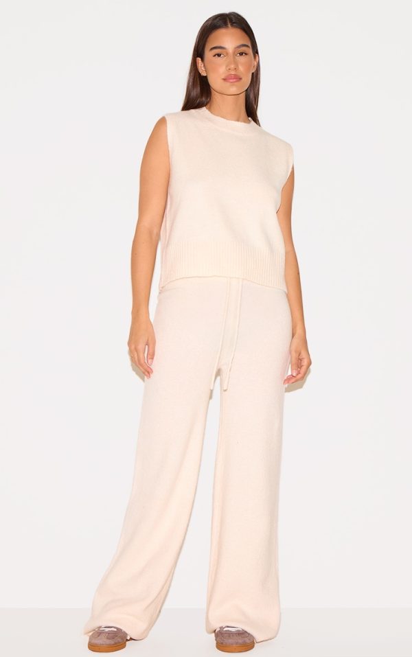 Ecru Marl Soft Knit Wide Leg Pants