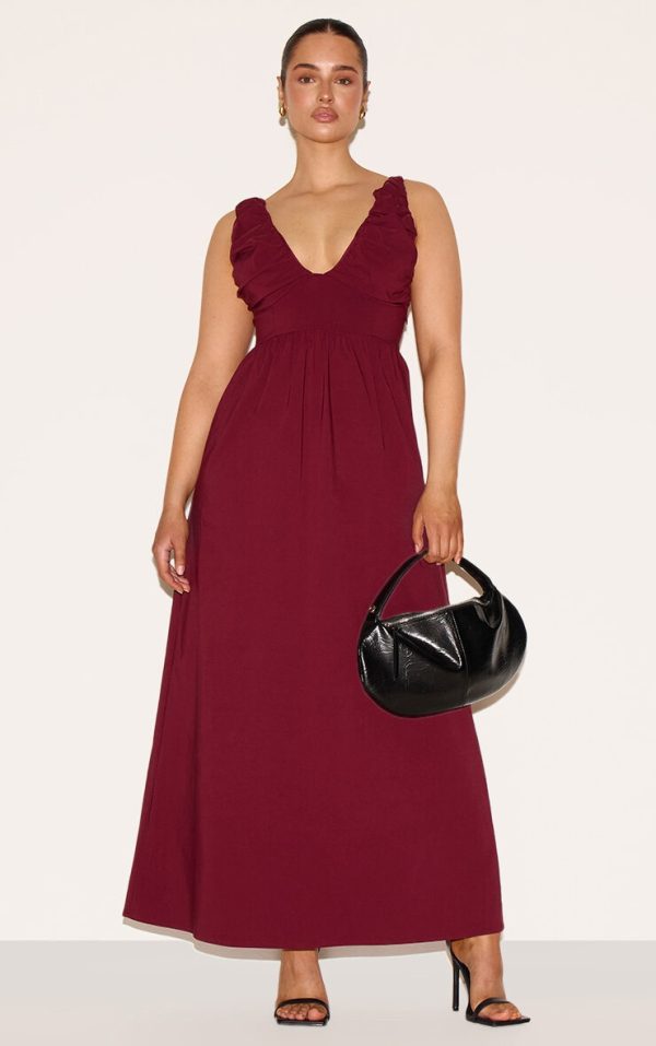 Shape Wine Stretch Woven Ruched Plunge Front Maxi Dress