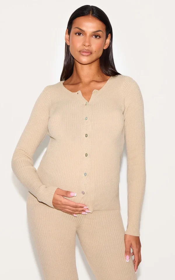 Maternity Oatmeal Button Up Long Sleeve Rib Knit Top