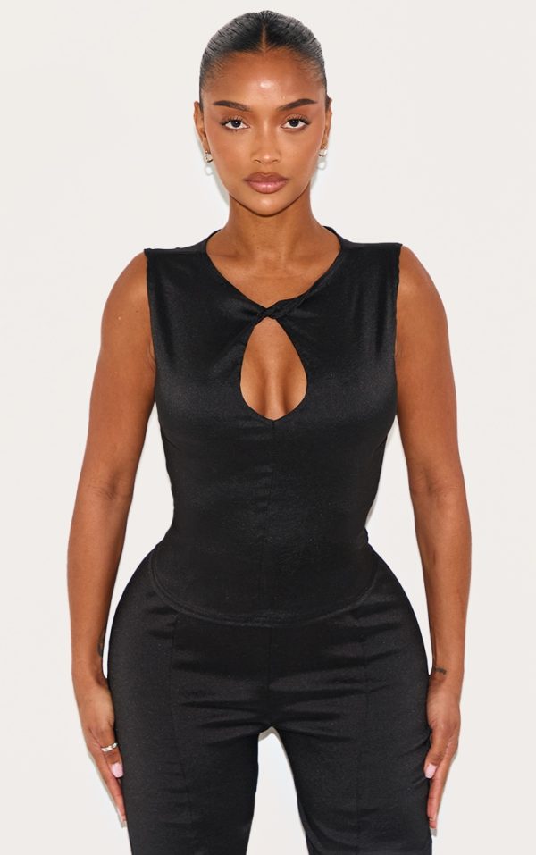 Shape Black Stretch Woven Twist Neck Detail Keyhole Top