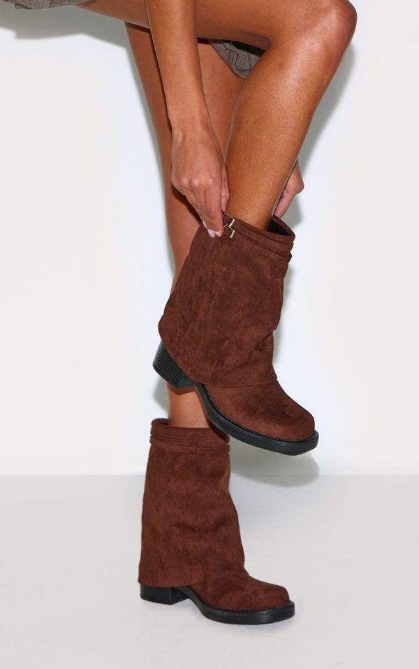Chocolate Faux Suede Round Toe Fold Over Buckle Strap Ankle Boots