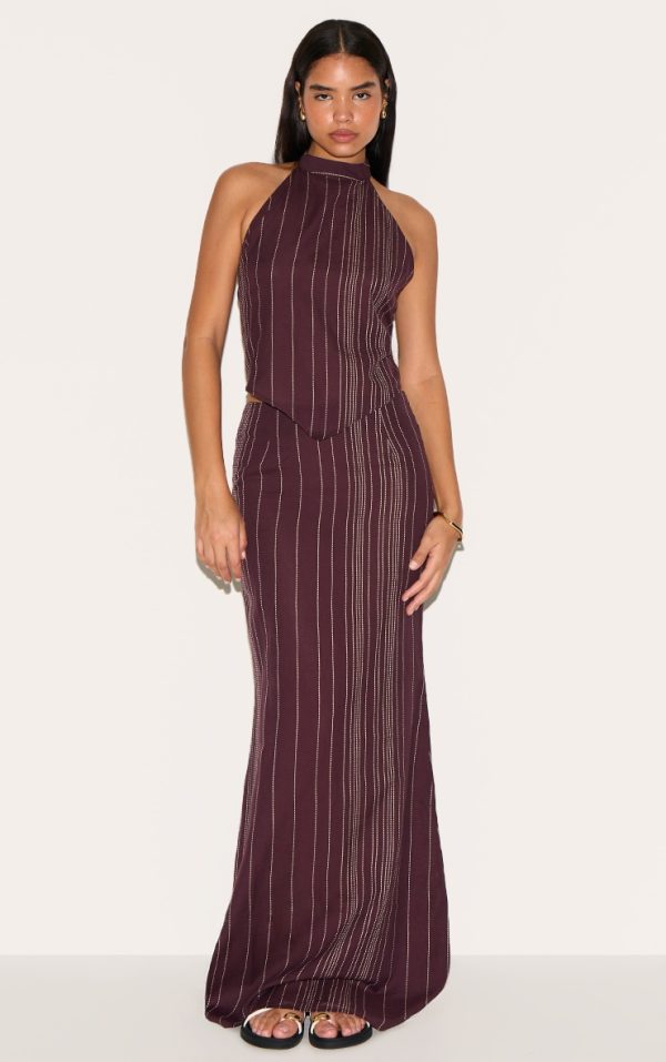 Tall Dark Brown Embroidered Stripe Maxi Skirt