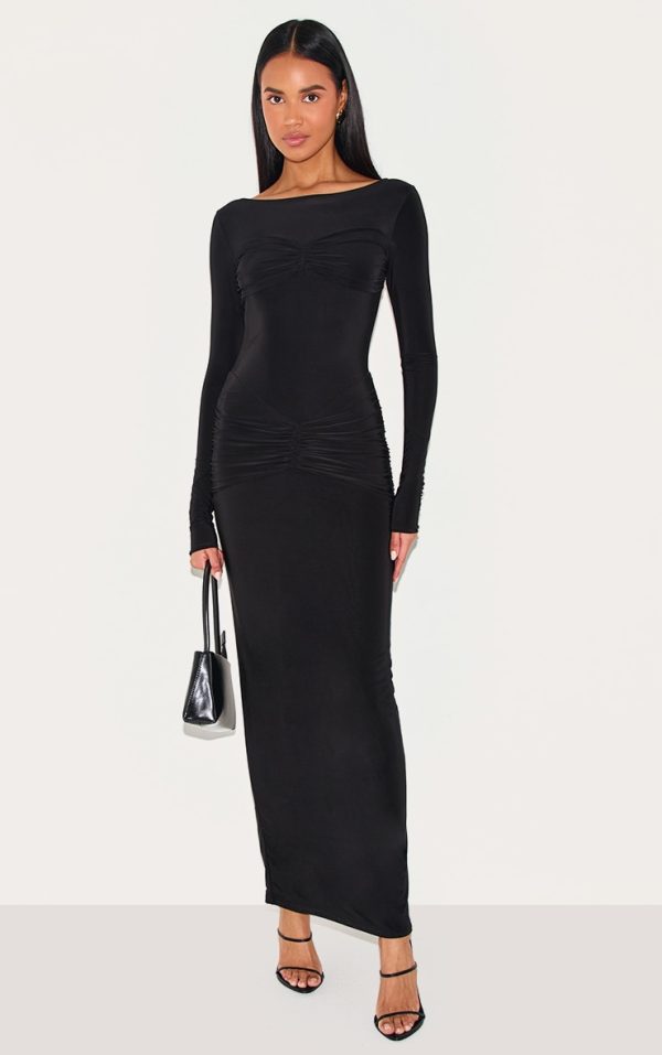 Black Sinky Ruched Panel Detail Maxi Dress