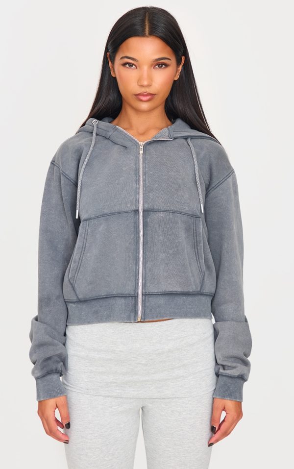 PRETTYLITTLETHING Charcoal Washed Embroidered Zip Up Hoodie