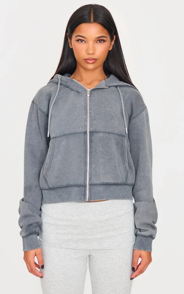 PRETTYLITTLETHING Charcoal Washed Embroidered Zip Up Hoodie