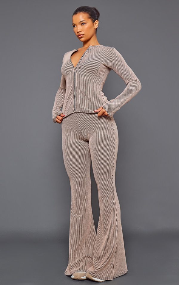 Mocha Two Tone Rib High Waist Flares