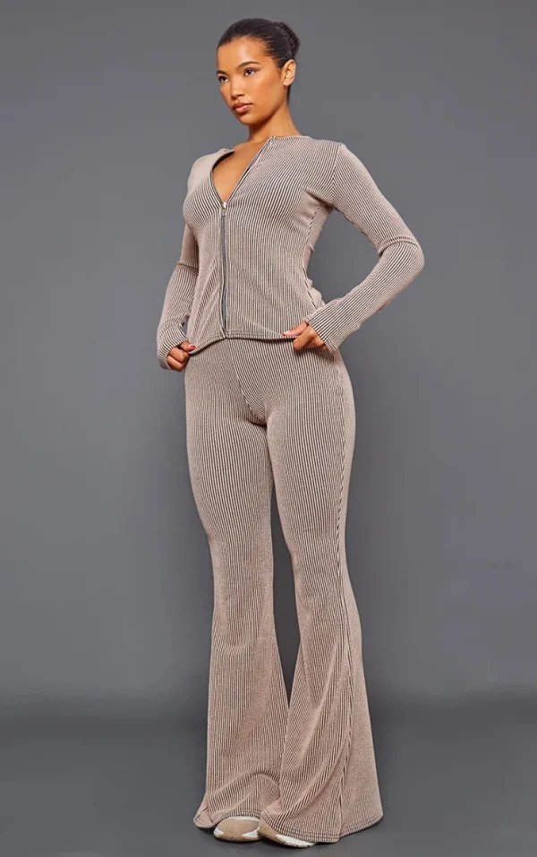 Mocha Two Tone Rib High Waist Flares