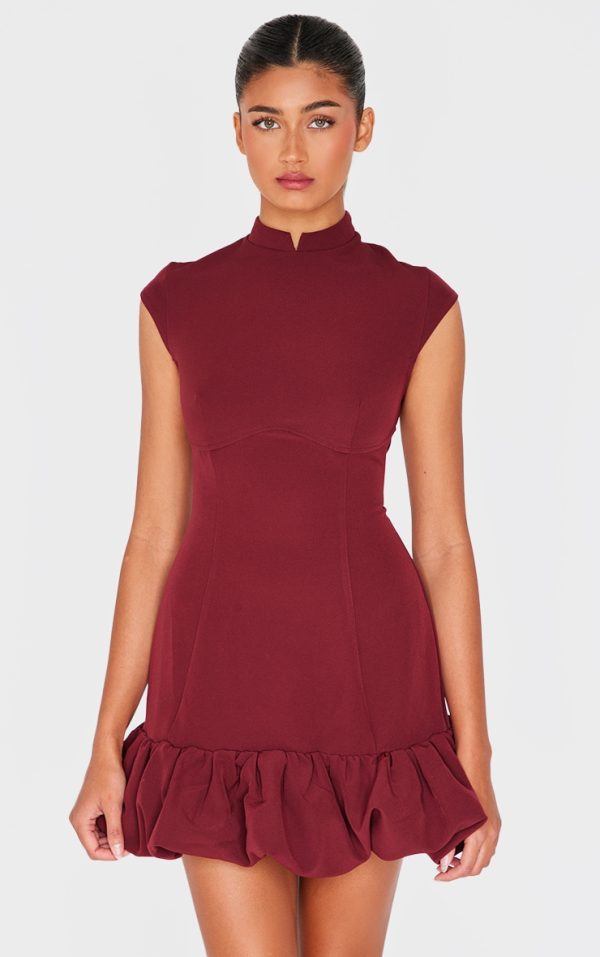 Burgundy Bust Seam Detail Puffball Dress