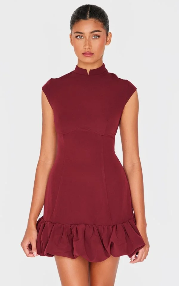Burgundy Bust Seam Detail Puffball Dress