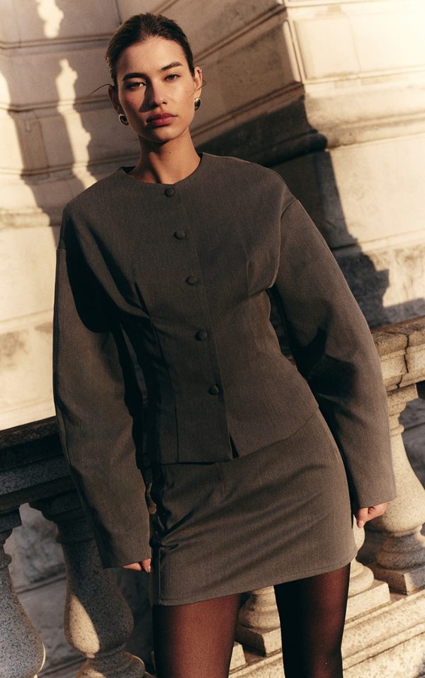 Charcoal Tailored Woven Boxy Balloon Sleeve Blazer