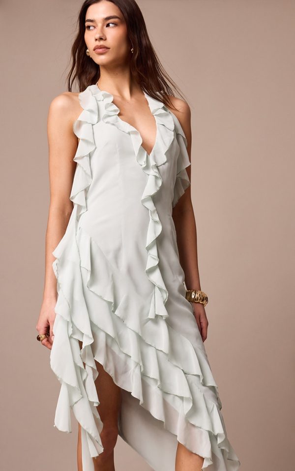 Sage Chiffon Frill Detail Plunge Midaxi Dress