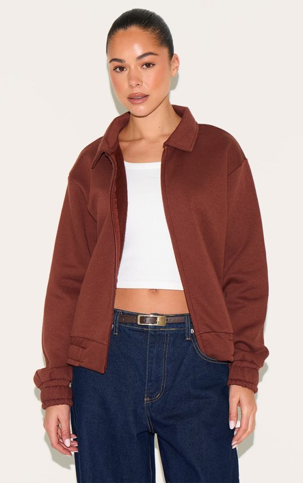 Chocolate Zip Through Collared Sweatshirt