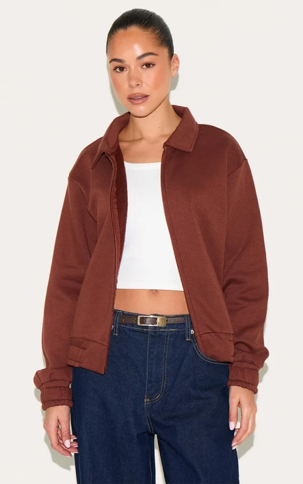 Chocolate Zip Through Collared Sweatshirt