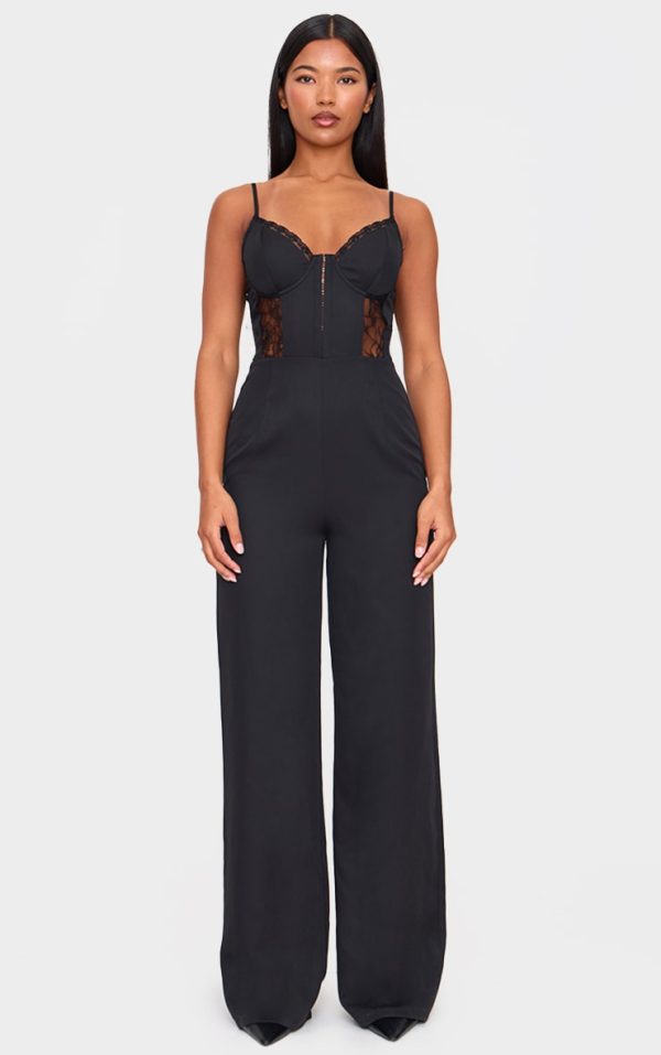 Black Woven Corset Lace Panel Strappy Jumpsuit