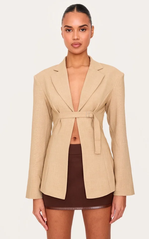 Beige Strap Detail Fitted Blazer