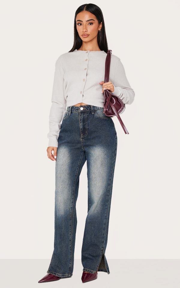 Petite Grey Used Bleach Split Hem Jeans