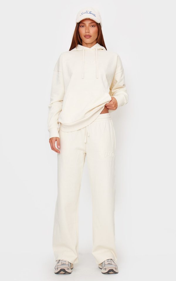 PRETTYLITTLETHING Cream Premium Embossed Wide Leg Sweatpants