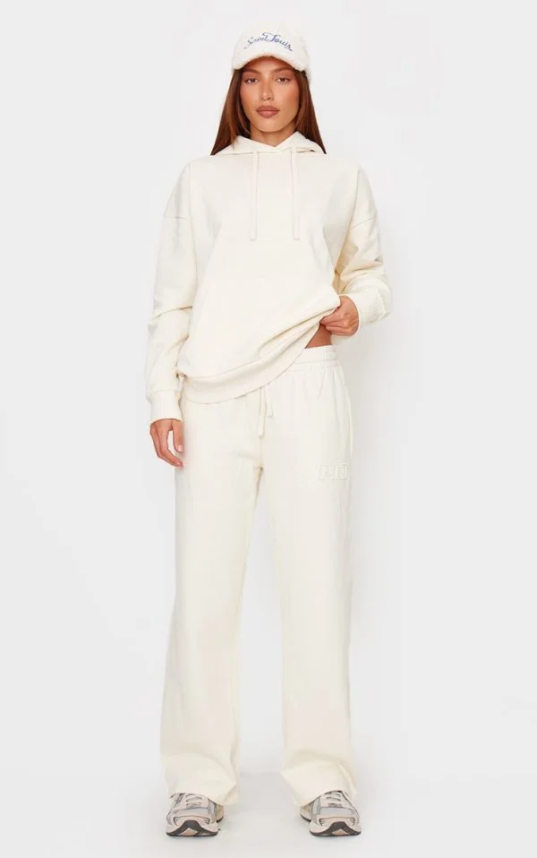 PRETTYLITTLETHING Cream Premium Embossed Wide Leg Sweatpants
