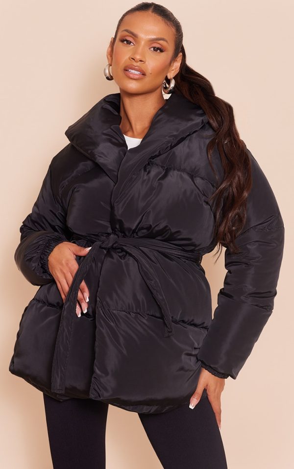Maternity Black Oversized Collar Belt Puffer Coat